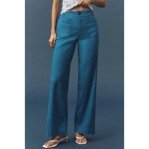 Anthropologie Colette Linen Full Length Wide Leg Pants Maeve Ocean Blue Size 25